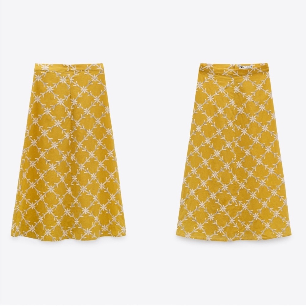 Zara Yellow Embroidered Floral Midi Skirt